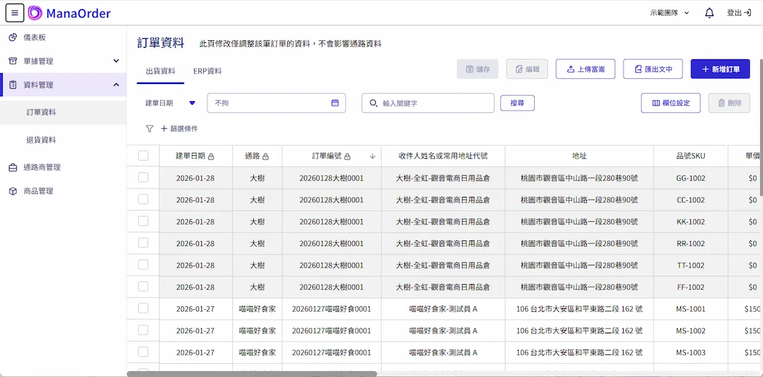 ManaOrder AI智能訂單系統操作介面截圖